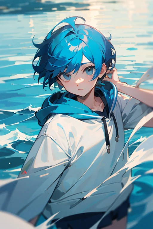 ((highest quality)) ((masterpiece)) perfect face blue hair short hair odd eye An illustration Light Blue Hoodie one person In the sea Swimming neutral let your hair flow Highest image quality Middle school students 1:1
