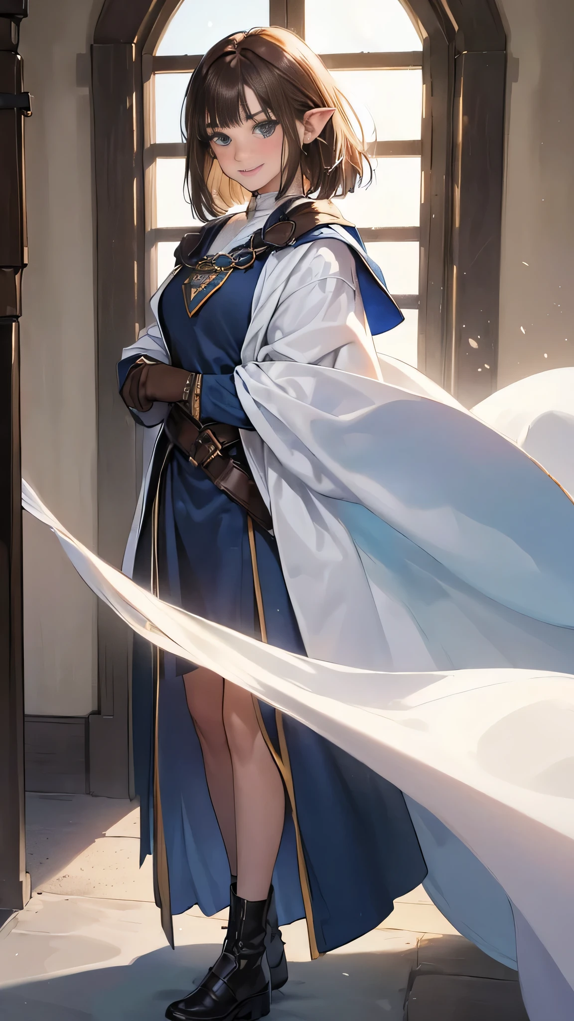 (((((girl))))), masterpiece, ultra detailed, 8K Portrait, Raw photo, woman's portrait photography, full body, Highly detailed face, mischievous childish smile, blush, ((Fantasy)), (((hobbit))), ((Adult)), 45 years old, 110cm, (((ALCHEMIST))), ((tanned skin)), (((olive brown short bob hair))), (((blunt bangs))), hair ornament, (((white silk long cloak))) Fluttering in the wind, (high school dark blue uniform:1.5), long skirt, leather gloves, Midday sun, Hyper realistic, Slender body, by the snowy castle, Ambient lighting, Shadow details, Camera focus on face, strong breeze, Light fog