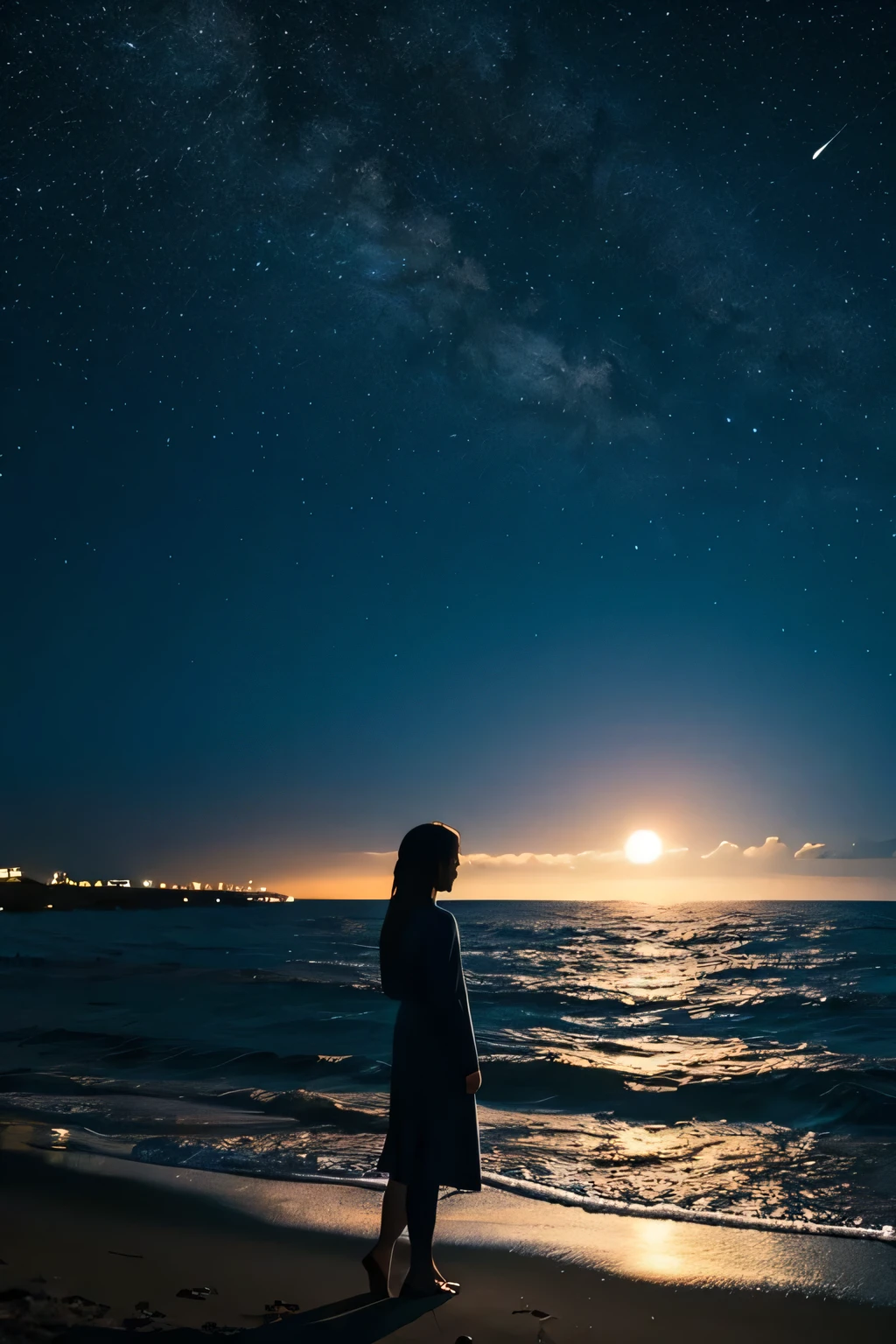 A beautiful starry night and a shining moon moving over the sea、A woman standing there