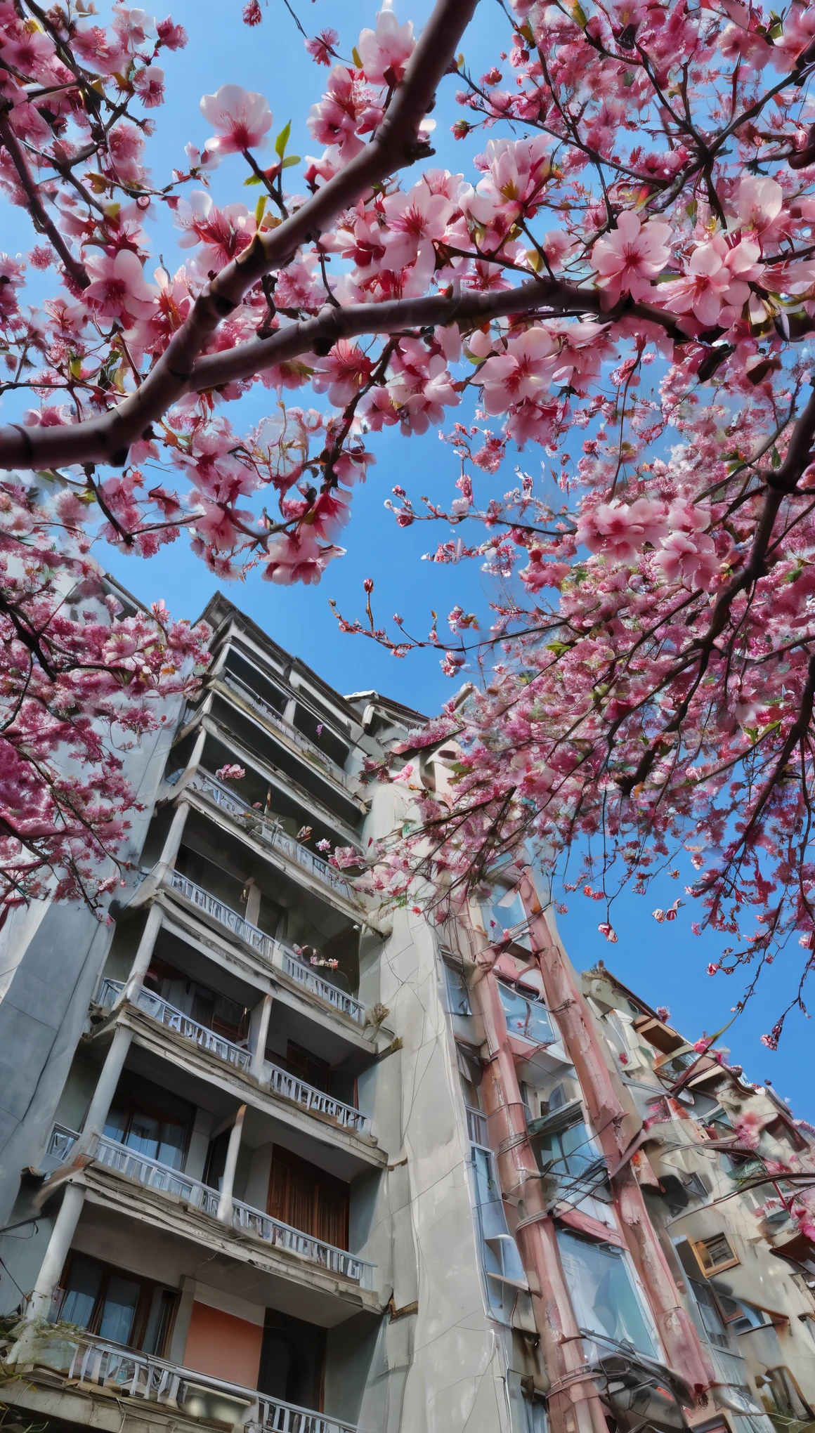 spring，good weather，(blue sky)Baiyun，Looking up，Mi residential building seen through a peach blossom tree close-up，House，[Pink peach blossom close-up]，They are on the same side of the screen，Looking up的消失点在天空，Highly detailed real photos，high details, high quality, super detail, UHD, masterpiece, ccurate, best quality, 16k