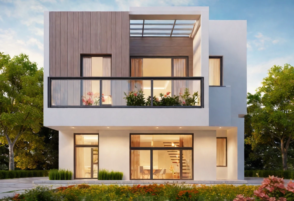 (masterpiece),(high quality), best quality, real,(realistic), super detailed, (full detail),(4k),8k,modern house exterior design,Modern architecture,Beautiful_sky,Day light, no_humans, outdoors,sky,tree,Garden flower front of building,