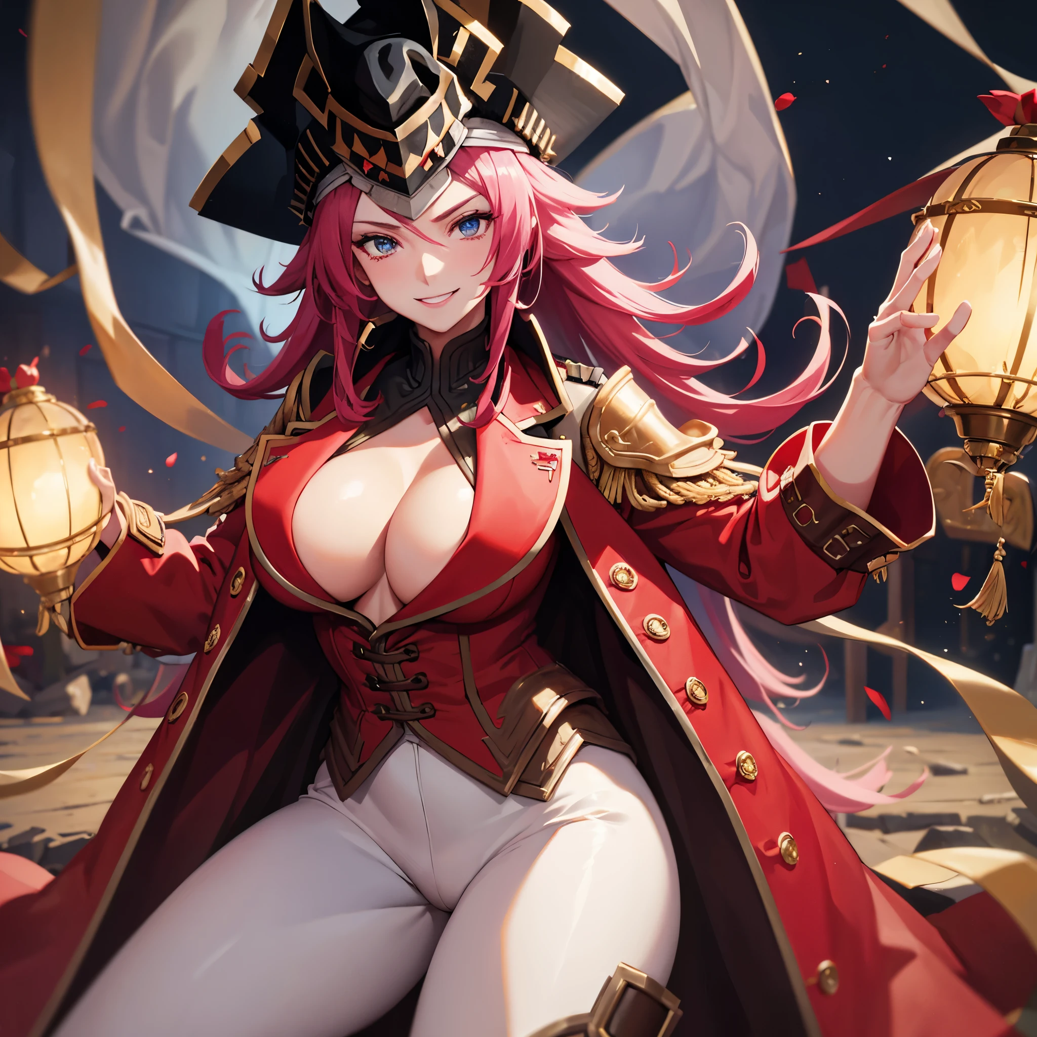 a woman wearing a red coat with gold details, gold shoulder pads, tight white pants, long black shoes, pirate hat with gold details, long pink hair, smiling, big breasts, blue eyes, in a wooden naval port, ultra detailed, ultra resolution, masterpiece, 4k HD.