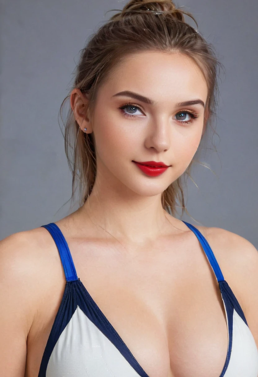 32k-uhd, IMAGE Girl, Best Quality, Full Body Portrait, Delicate Face, Beautiful Face, Silver-Eyes: 1.2, Good Teeth: 1.2, Perfect Smile: 1.2, Makeup: 1.2, Red Lips: 1.1, 19 Years Old Woman, Slim Body, Medium Bust, VOLLEYBALL