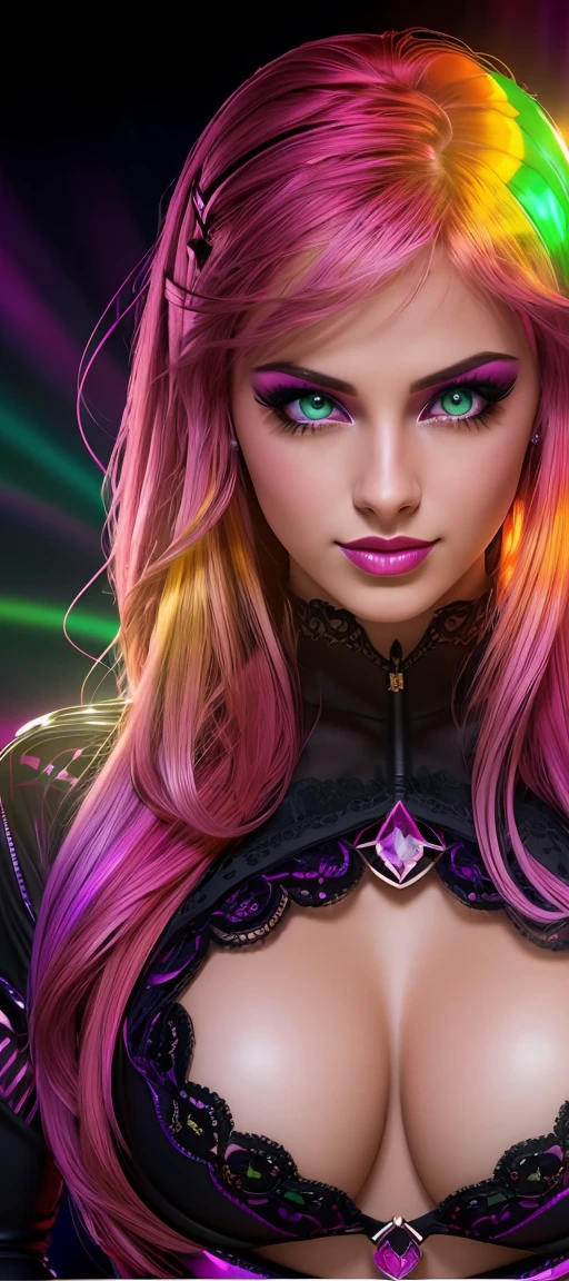 vector image, vibrant colours, smooth gradation, best quality, masterpiece, absurdres, ((isolated)), ((pitch black background)), (detailed face and eyes:1.2), smirking, detailed beautiful eyes, eyelashes, glossy full lips, sensual, volumetric lights, medium shot, half body shot, busty, full cleavage, curvaceous, ((dynamic colours rim lights)), perfect contrast, absurdres, masterpiece, HDR, ultra HD, 8K, luxurious crystal jewelleries, ((magenta green orange golden colour set)), ((16yo))