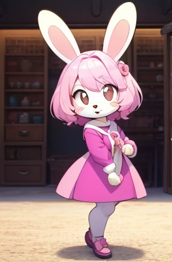 Cute kawaii niña bunny furry girl brown eyed Full body with a very cute vestido pink 