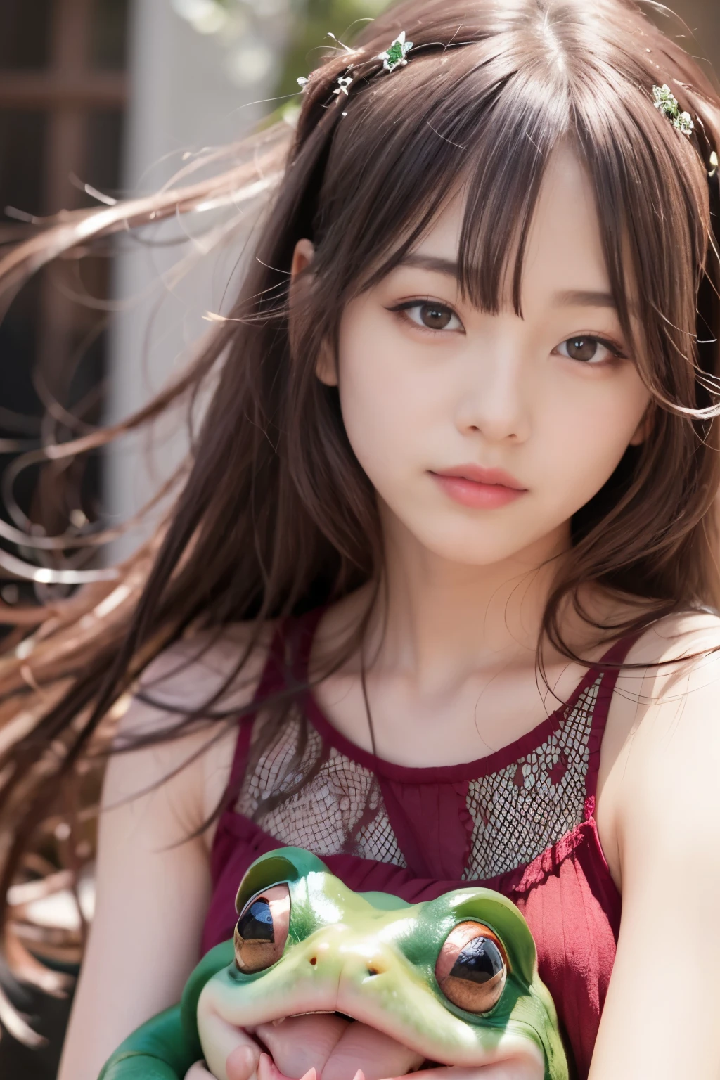 (8k、highest quality、master piece:1.2)、(real、photorealistic:1.37)、Super detailed、1 girl、cute、solo、beautiful detailed sky、date、(blush)、(smile:1.15)、(closed mouth)small breasts、beautiful detailed eyes、(long hair: 1.2)、Floating hair Nova Frog style、Upper body、Tank top