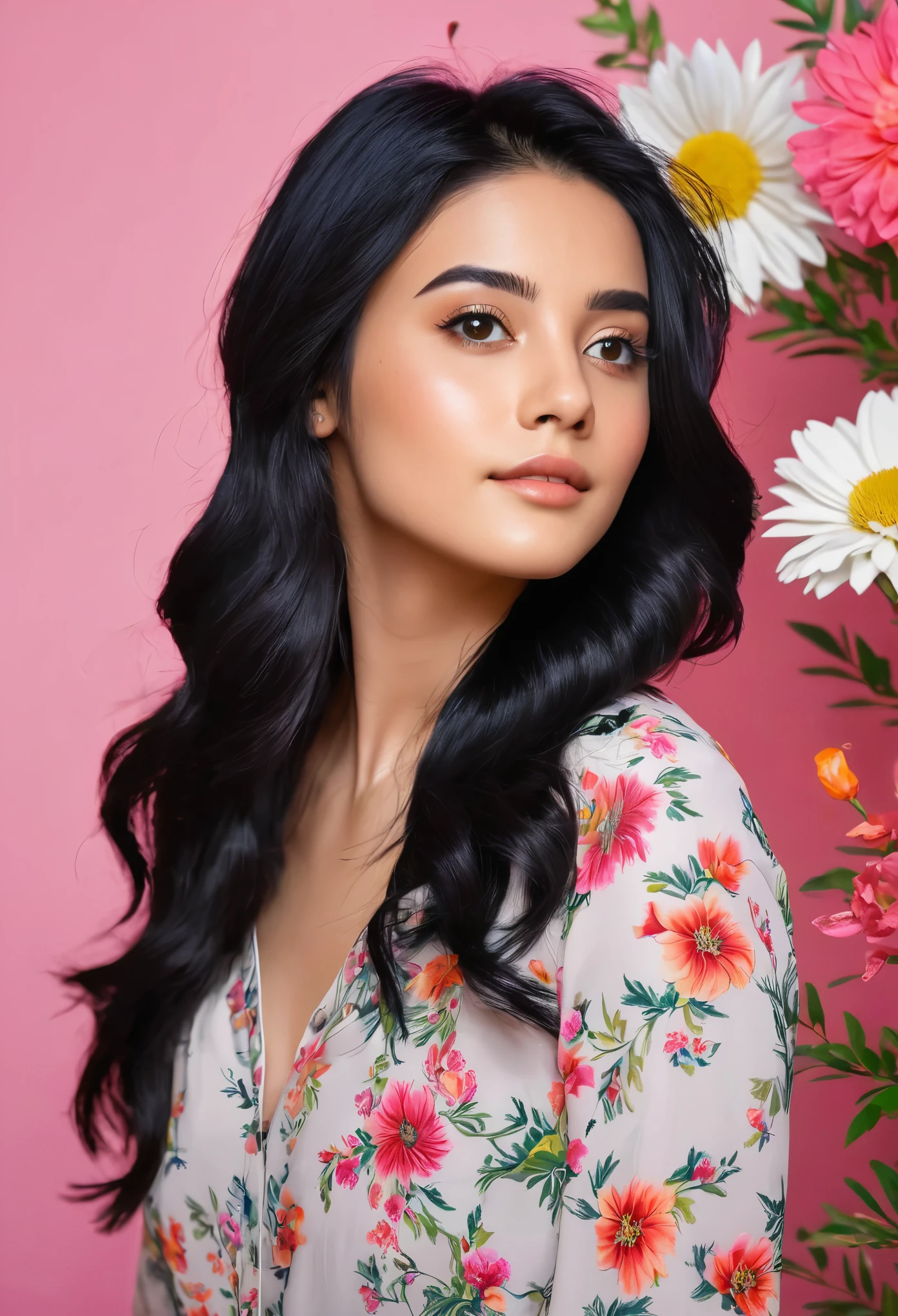 natural girl with black hair and right side pose, flowery background.