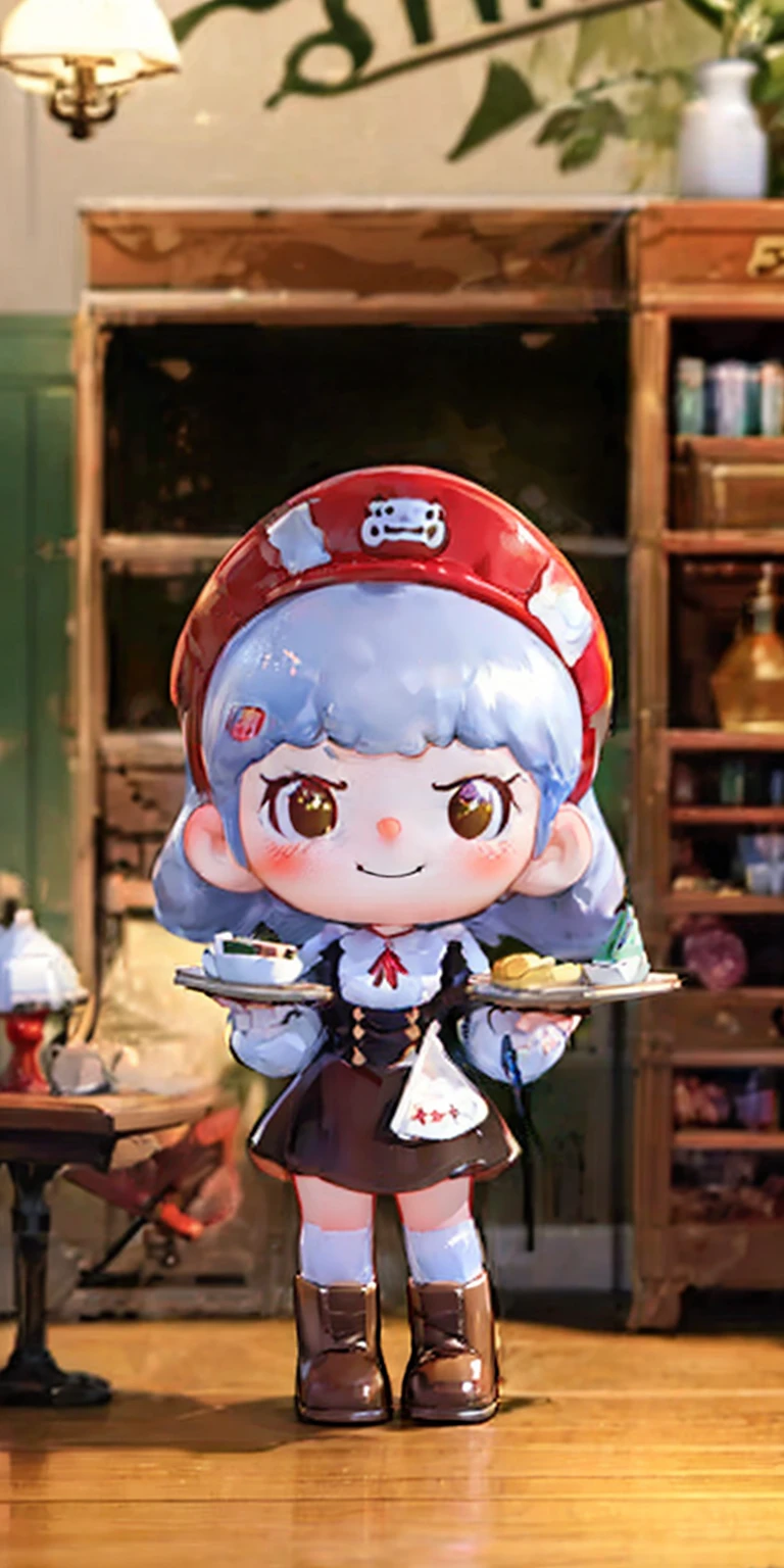 full body standing straight symmetrical, lustful smirking smile face red blush red cheeks, looking at viewer, holding tray, braid, maid headdress, maid, dress, apron, long sleeves, brown pantyhose, long leather militar boots, thighs, long white hair, masterpiece