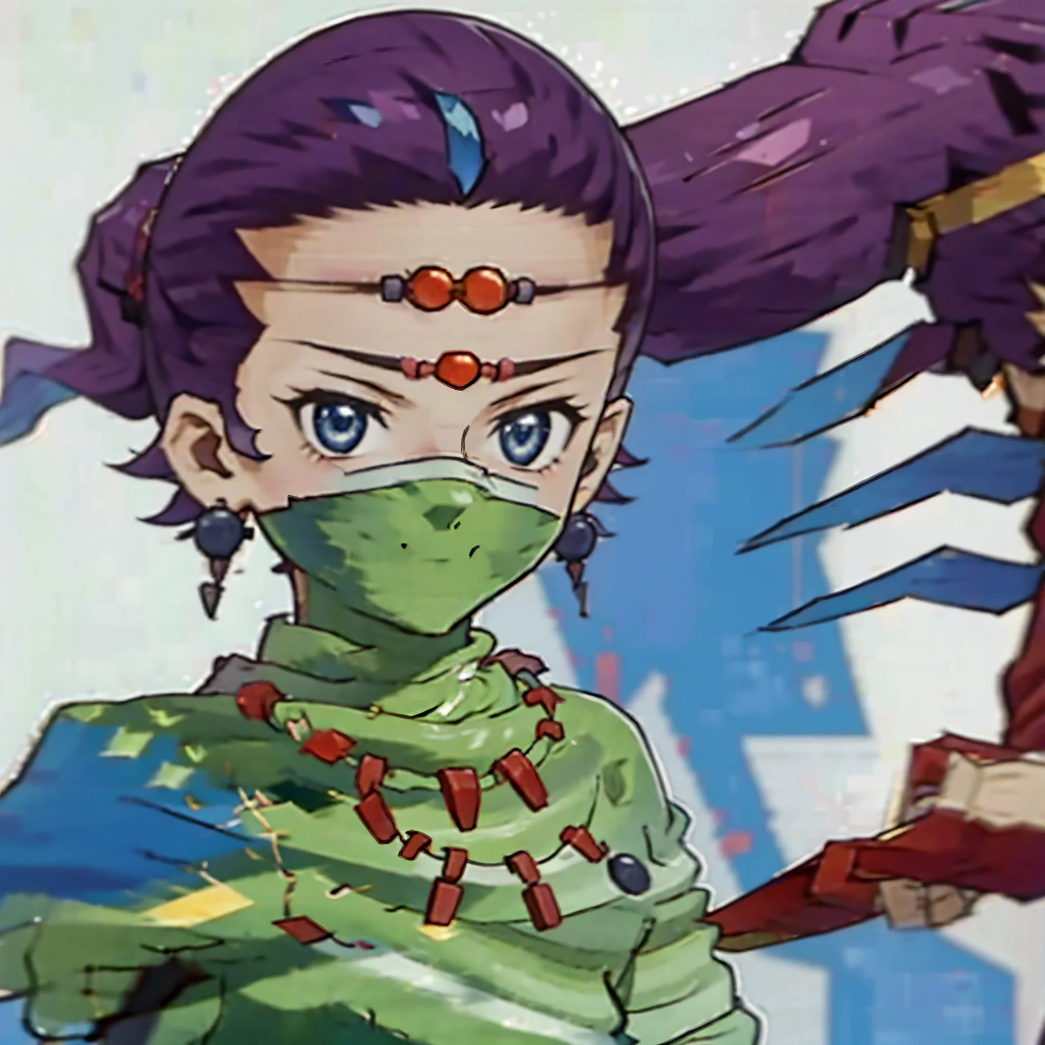 (masterpiece, best quality:1.2,pure white background,2d,anime style),1boy,solo,tsukinowa \(final fantasy\),earrings,jewelry,looking at viewer,purple hair,blue eyes,covered mouth,forehead decoration,ponytail