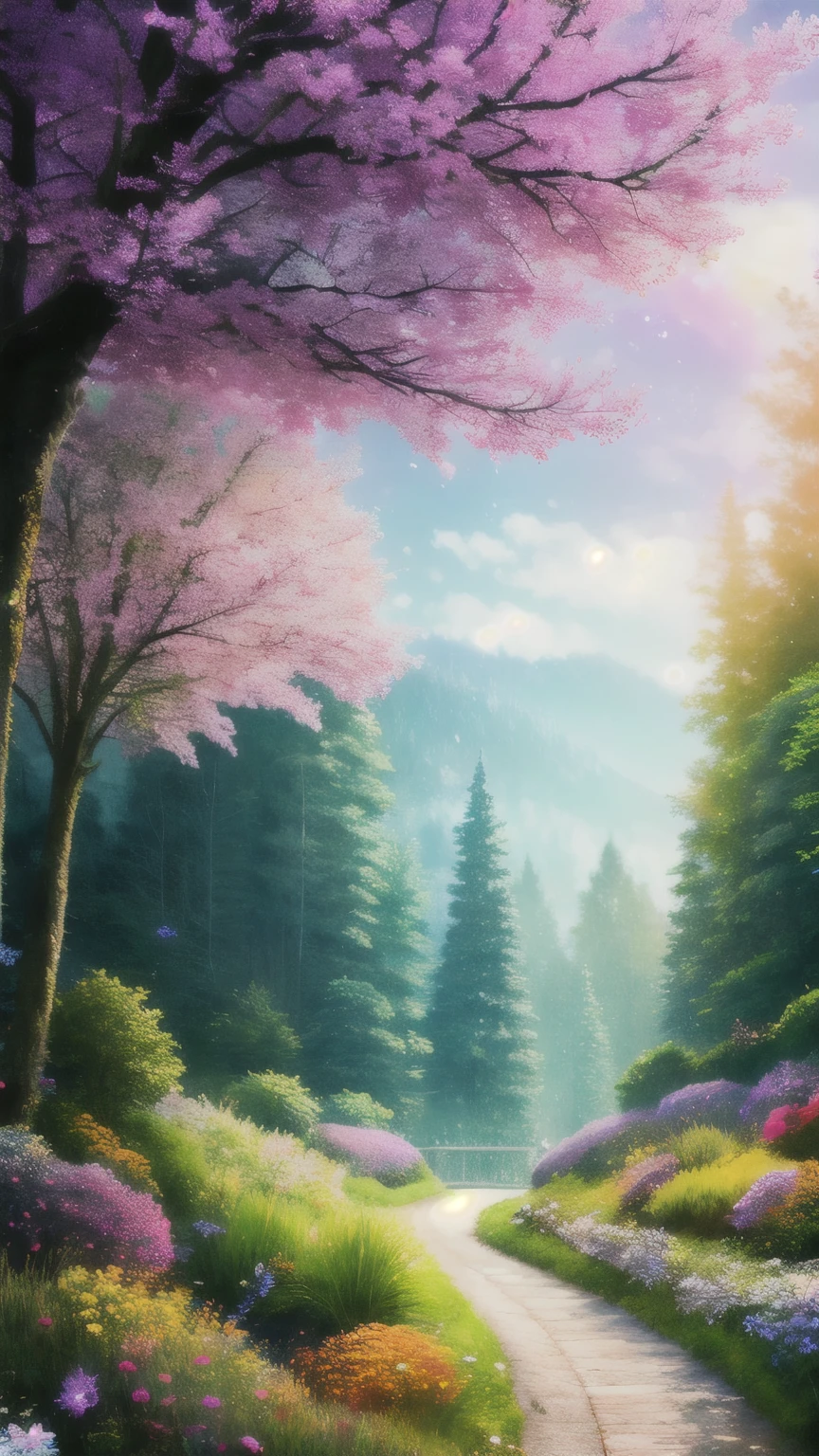 masterpiece, 最high quality, high quality,very detailed CG unity 8k wallpaper ,bright and colorful flowers々、Enchanting and fantasy scene of fantastic forest、Winding Road、 towering tree々and, Glowing Tree々, and the hidden fairy glen, Create a mysterious and enchanting feeling, art station, digital illustration, Complex, tendency, pastel colour, Oil, award winning photography, Bokeh, written boundary depth, HDR, bloom, chromatic aberration ,realistic,very detailed, tendency on art station, tendency on CGsociety, Complex, high detail, dramatic, Art on the road、