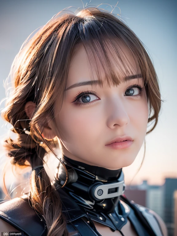 (8K, Raw photo, highest quality, masterpiece:1.3),(realistic,photo-realistic:1.37),(looking at the viewer:1.331),cyberpunk city,soft light,1 girl,very beautiful face,bust,lay hands on,random hairstyle,random expression,Big eyes,