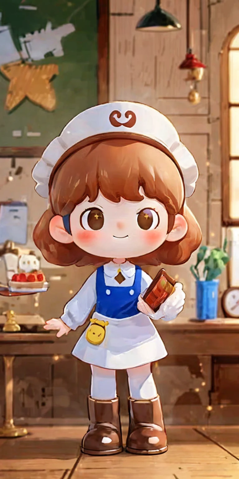 full body standing straight symmetrical, lustful smirking smile face red blush red cheeks, looking at viewer, holding tray, braid, maid headdress, maid, dress, apron, long sleeves, brown pantyhose, long leather militar boots, thighs, long white hair, masterpiece