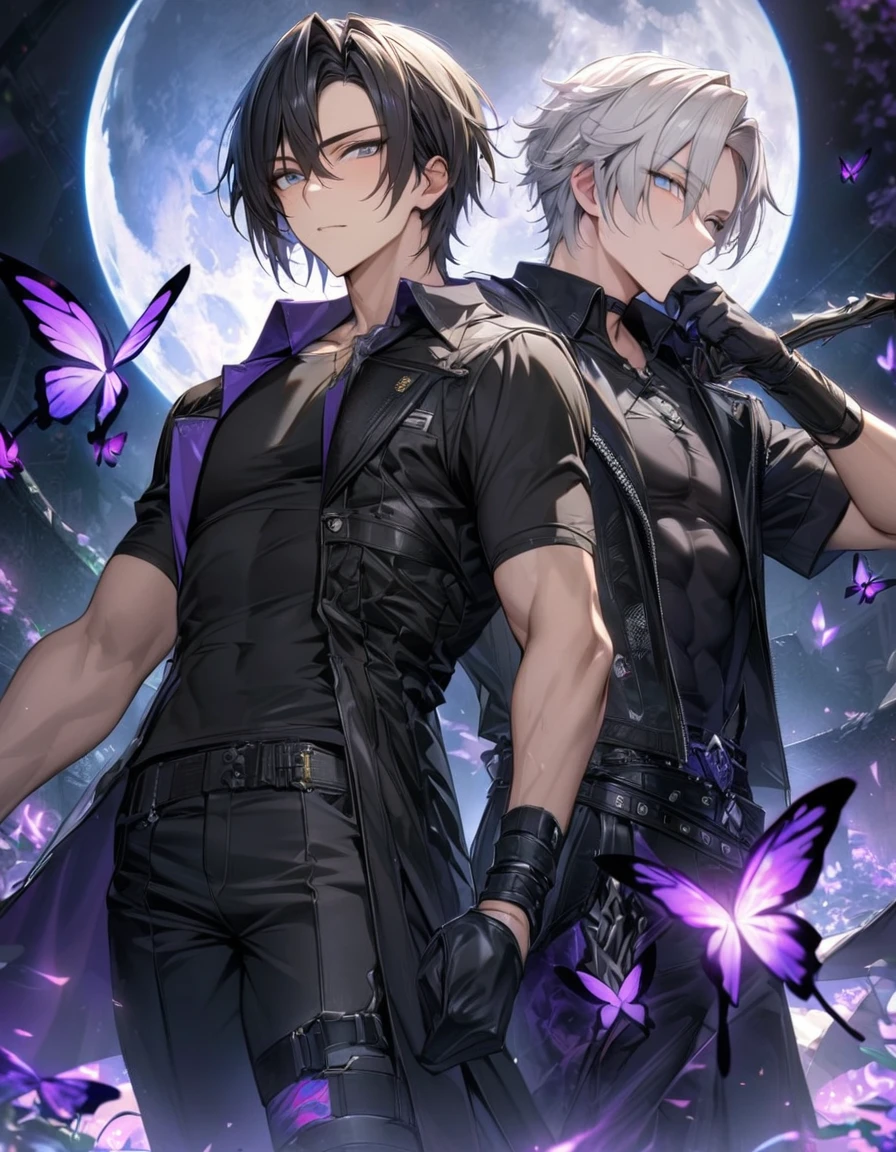 (absurdres, highres, ultra detailed, HDR), master piece, best quality, vibrant small grey eyes, Hugo Pennywort, God Eater 3, black hair with grey highlights, no bangs, Luca, white hair, vibrant blue eyes, 2 gay men together, handsome,black leather coat, black fitting T-shirt, black fitting pants, black gloves, purple butterflies, purple flames, moon