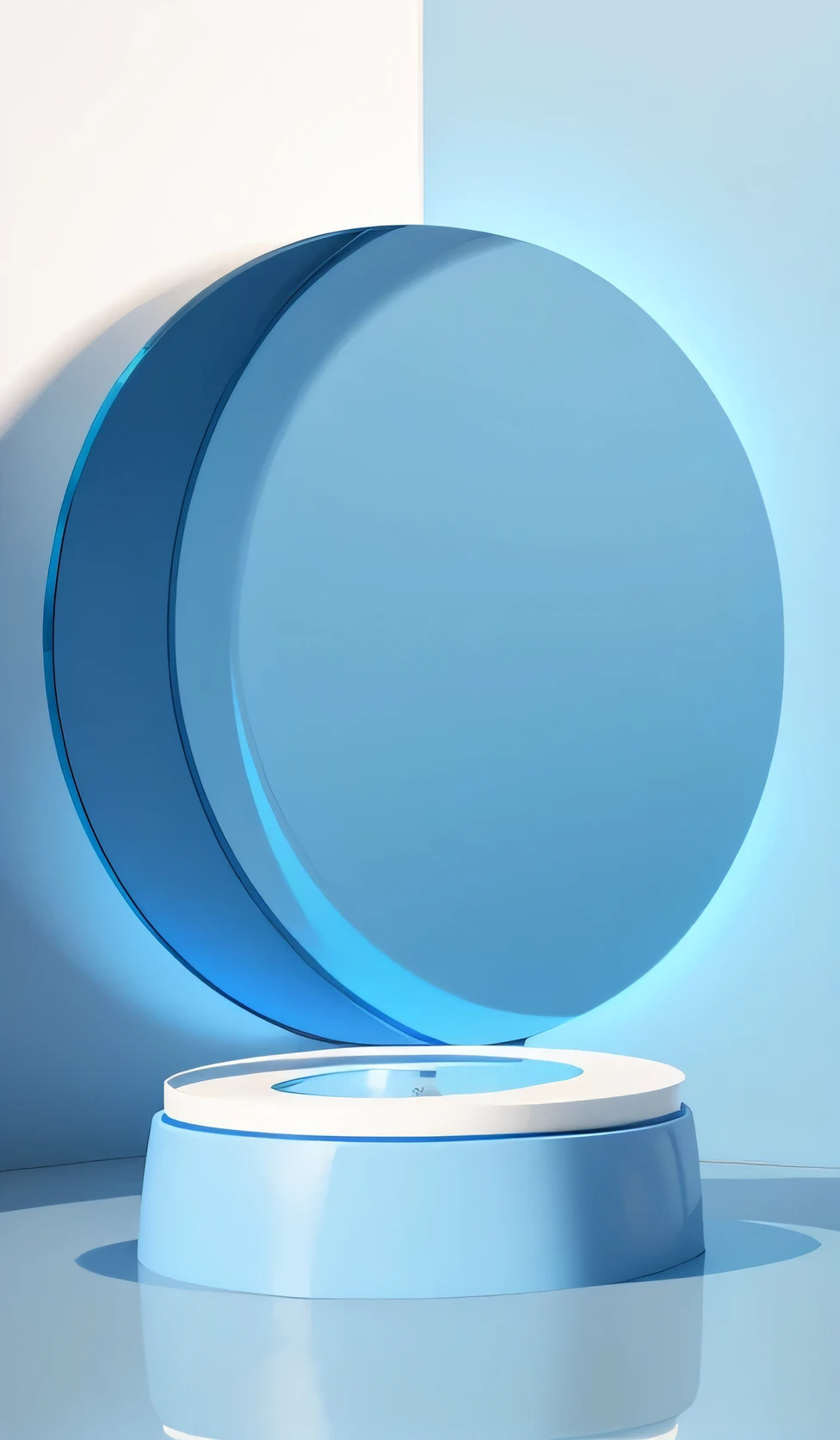 There is a blue and white base,, blue background, mirror background, blue background, Blue realistic 3D rendering, blue background, blue theme, glowing blue interior components, High quality theme rendering, Glossy, Clean 3D rendering, round mirror on wall, bright blue room, Round and simple back