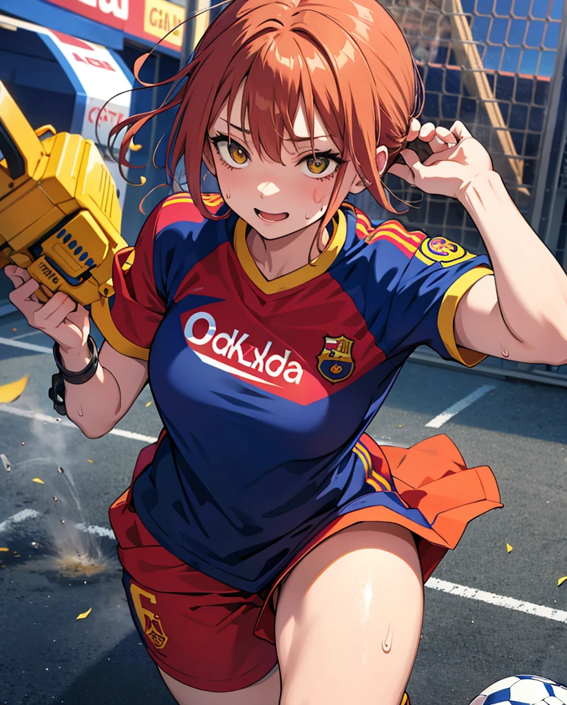 chainsaw man makima Warning a fc barcelona kit. She is sweating playing soccer.