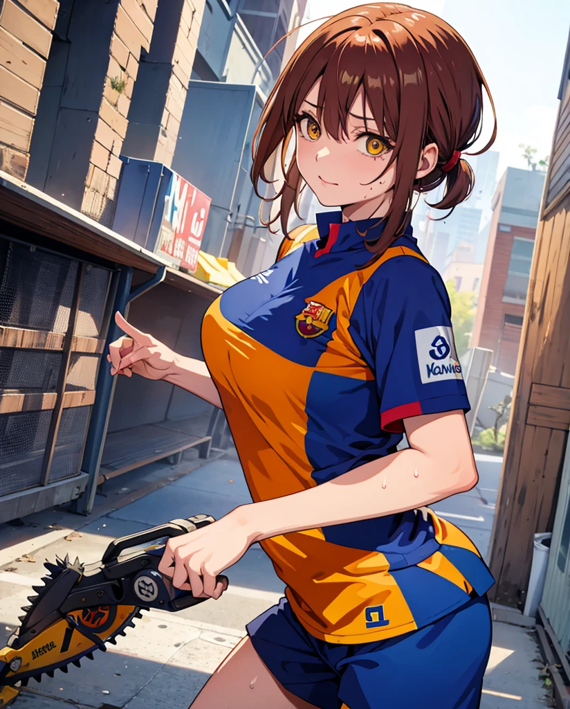 chainsaw man makima Warning a fc barcelona kit. She is sweating playing soccer.