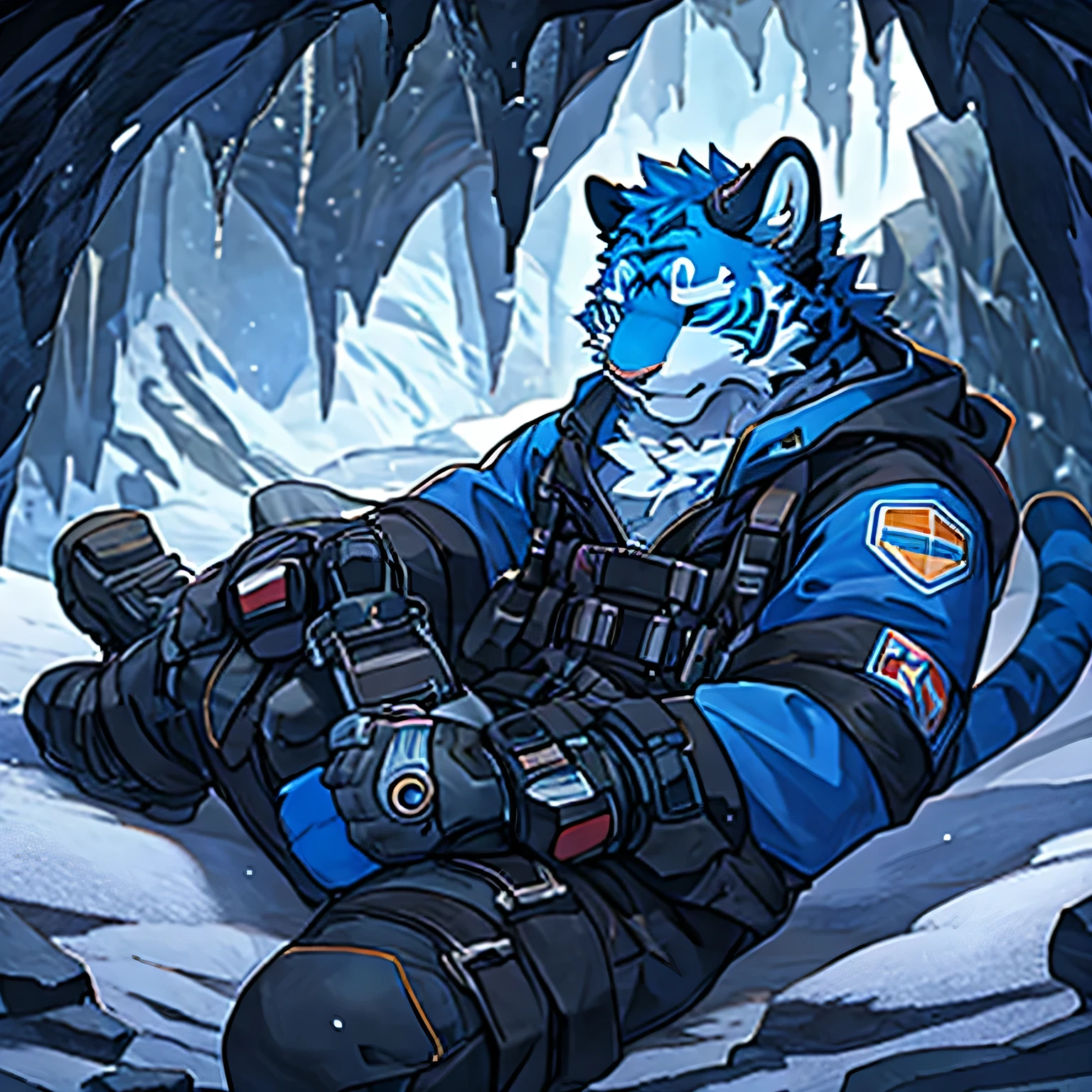 best quality, masterpiece, blue eyes, blue fur,Blue Tiger,Polar suit,eyes closed,weak,Strong,exhale hot breath,In a cave in the snowy mountains