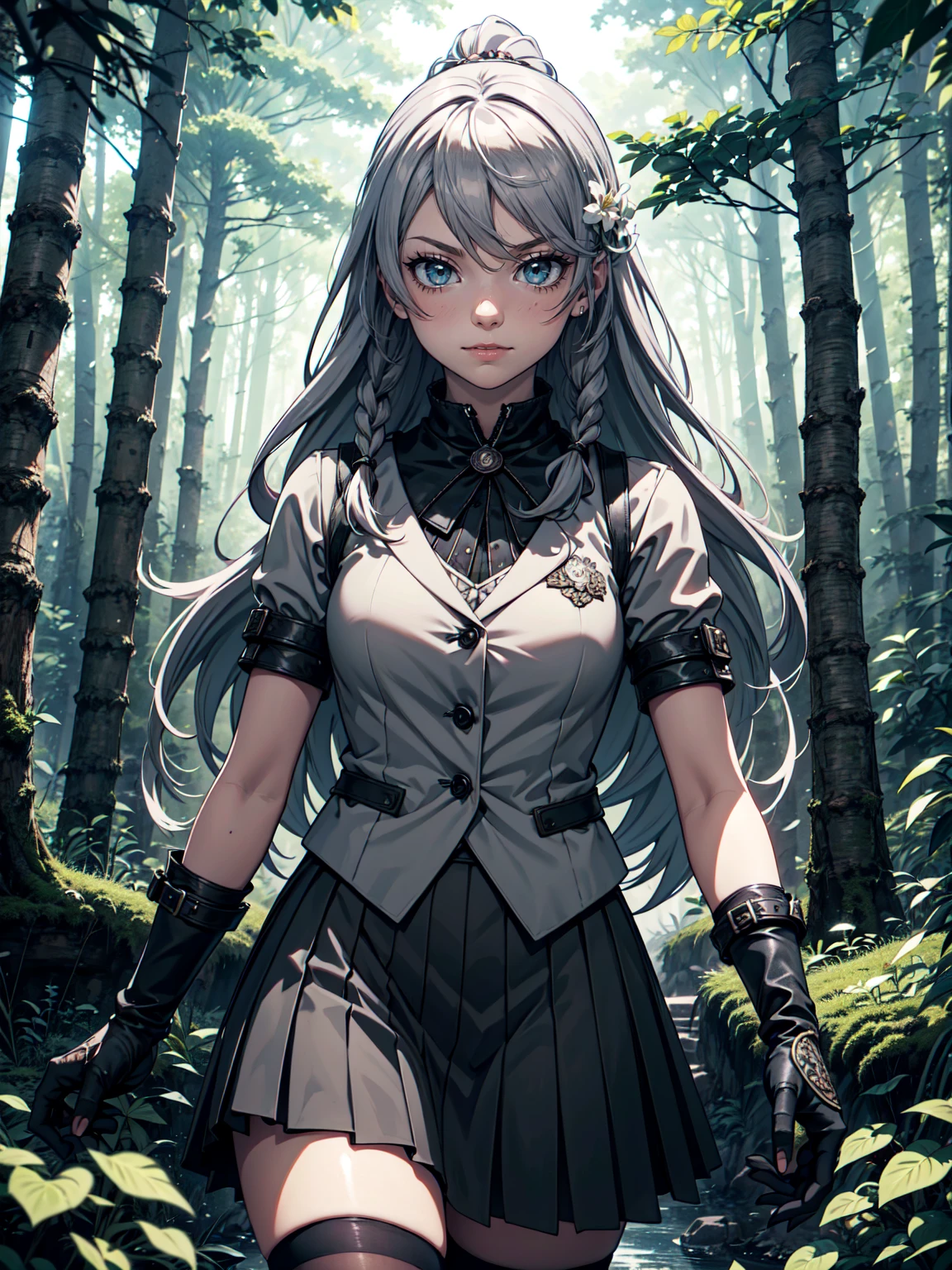 Ultra High Definition, Ultra High Quality, Hyper Definition, Hyper Quality, Hyper Detailed, Extremely Detailed, Perfectly Detailed, 8k, 1 Anime Female, Female Heroic Pose, Long Silver Hair with Small Braids, Women's Black Luxury Vest, Grey Skirt, Black Tights, Gloves, Solid Green Eyes, Cheerful Expression, White Flower Barrette, , Forest Panoramic Background