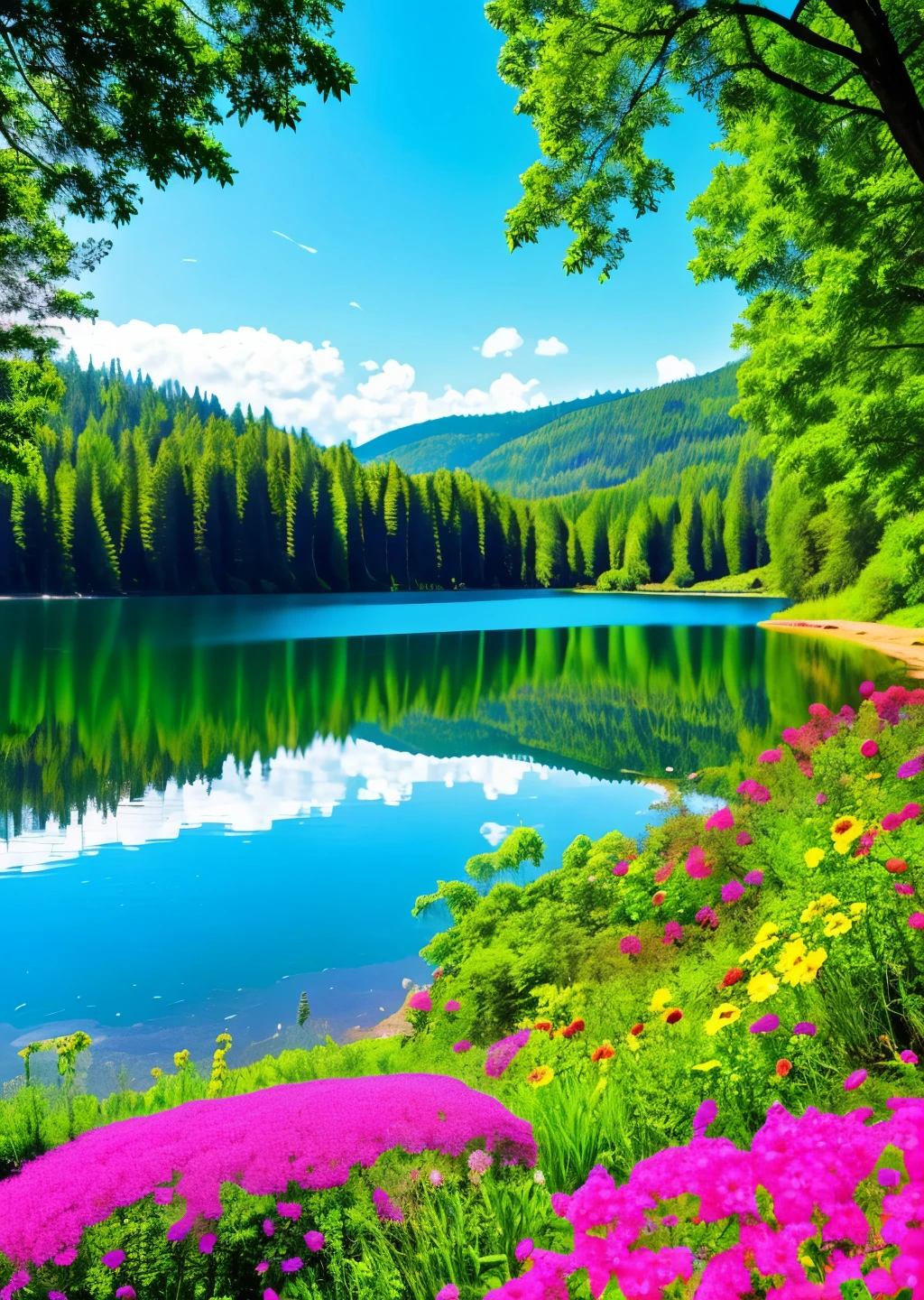nice forest, with beautiful flowers, and the lake in the background, looks like god's paradise