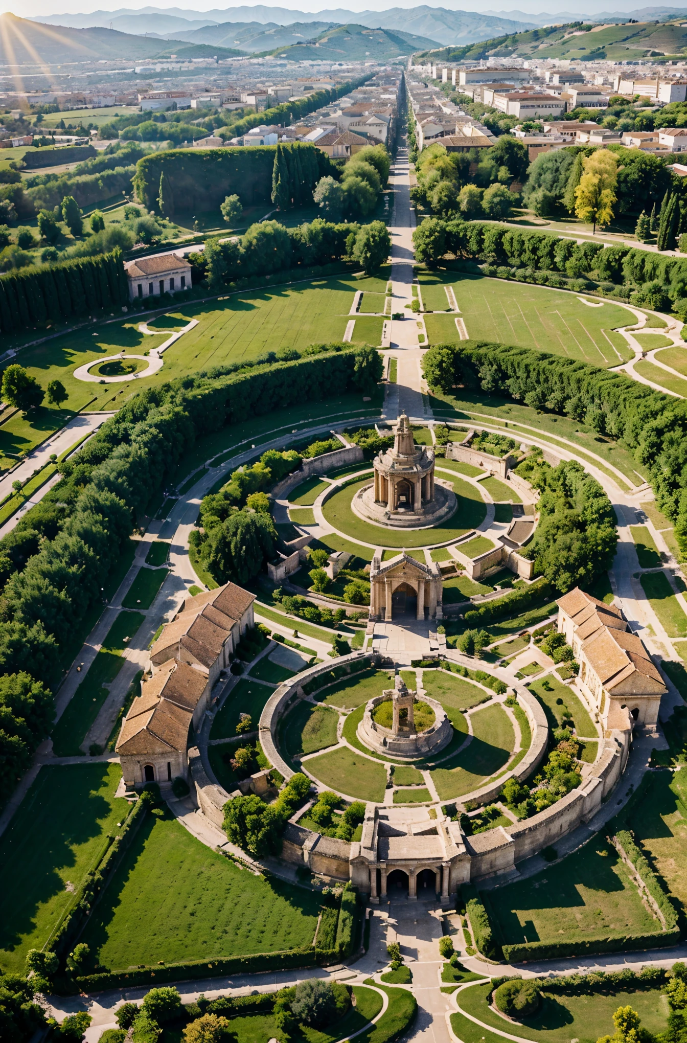 Image: A sweeping aerial shot of the ancient city of Pella, Macedonia, bathed in golden sunlight, with the royal palace standing prominently amidst lush gardens and bustling markets.