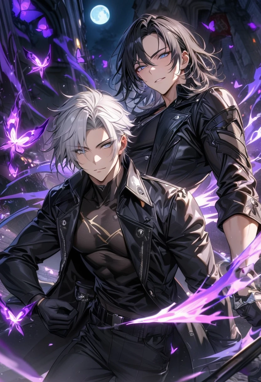 (absurdres, highres, ultra detailed, HDR), master piece, best quality, vibrant small grey eyes, Hugo Pennywort, God Eater 3, black hair with grey highlights, no bangs, Luca, white hair with bangs, vibrant blue eyes, 2 gay men together, handsome,black leather coat, black fitting T-shirt, black fitting pants, black gloves, purple butterflies, purple flames, moon