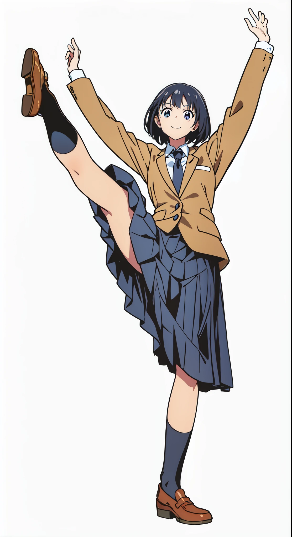 (best quality:1.0), (masterpiece:1.0), (super fine illustration:1.0), (beautiful artwork:1.0), (anime screencap:1.0), (official art:1.0), (tareme:1.5), (cheerful:1.5), (light smile:1.5), (white background:1.0), (best quality:1.0), (masterpiece:1.0), (super fine illustration:1.0), (beautiful artwork:1.0), (anime screencap:1.0), (official art:1.0), (full body:1.0), (solo:1.0), (HSGA:1.0), (a 18yo cute girl:1.0), (long skirt:1.0), (dark blue skirt:1.0), (pleated skirt:1.0), (school uniform beige blazer:1.0), (dark blue necktie:1.0), (loafers:1.0), (black socks:1.0), (ideal ratio body proportions:1.0), (lanky:1.0), (tall:0.0), (slender:1.0), (small breasts:1.0), (smaller face:0.0), (tareme:1.0), (detailed beautiful eyes:1.0), (detailed beautiful face:1.0), (glowing black eyes:1.0), (bob cut hair:1.0), (black hair:1.0), (standing:1.0), (looking at viewer:1.0)