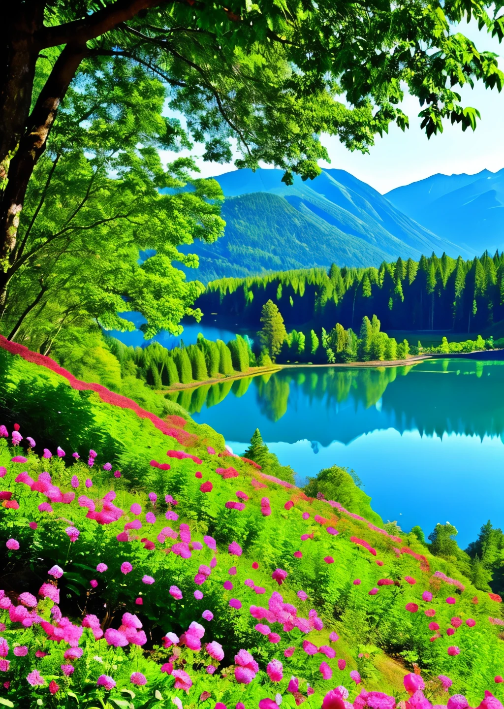 nice forest, with beautiful flowers, and the lake in the background, looks like god's paradise