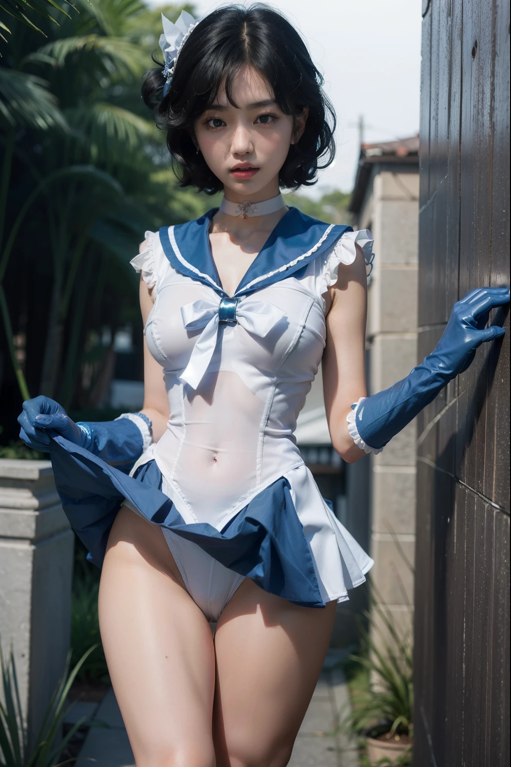 arafed asian woman in a tight white sailor suit and tiny blue skirt posing for a photo, very sexy pose, elegant seducing pose, sexy look, sultry body, ((tiny blue miniskirt)), ((huge breasts|white sailor suit)), ((blue bow)), ((long blue boots)), ((long white gloves)), ((blue choker)), ((tiara)), ((long slender legs)), 2 4 female model, beautiful alluring teen, model with attractive body, sexy body, gorgeous young korean woman, beautiful feminine body, gorgeous young model, young sensual graceful, gorgeous chinese model, ((curly bangs)), ((very dark short hair)), ((black hair in a rough shag)), wavy hair, (masterpiece:1.3), high resolution, ((sailor mercury))