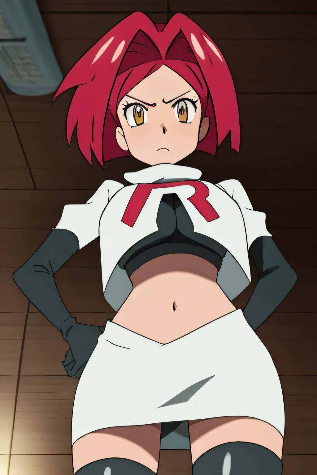 8k, masterpiece,highres,very large breast, team rocket uniform, red letter r, white skirt,white crop top,black thigh-high boots, black elbow gloves, glaring angrily, looking down at viewer, hands on hips, cowboy shot, zettai ryouiki,from below, black panties,anime style, vivid colors, sharp focus, intense lighting,yumeno himiko