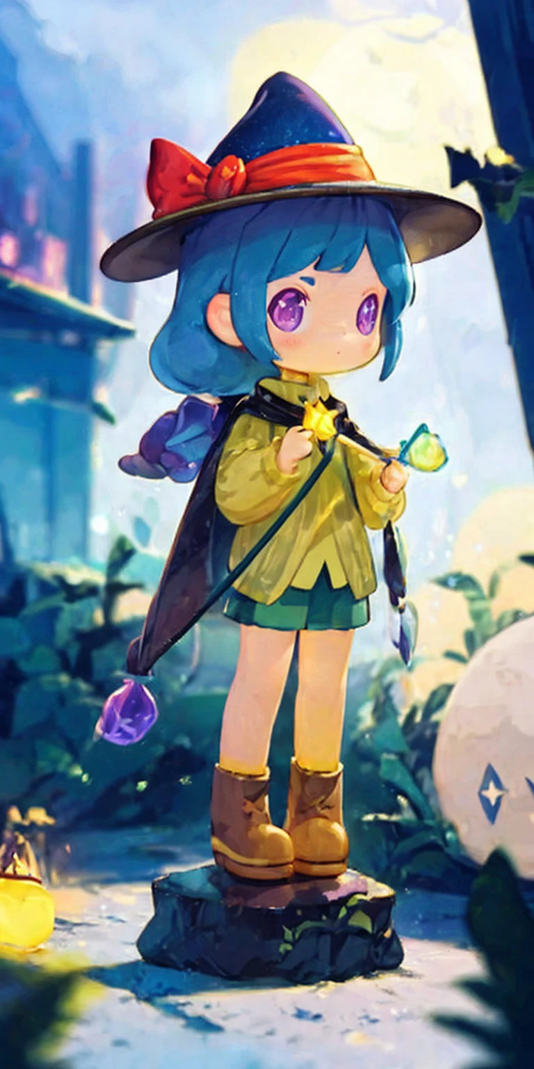 blindbox, masterpiece, best quality, ultra-detailed, illustration, 1girl, solo, fantasy, flying, broom, night sky, outdoors, magic, spells, moon, stars, clouds, wind, hair, cape, hat, boots, broomstick, glowing, mysterious, enchanting, whimsical, playful, adventurous, , wonder, imagination, determination, skill, speed, movement, energy, realism, naturalistic, figurative, representational, beauty, fantasy culture, mythology, fairy tales, folklore, legends, witches, wizards, magical creatures, fantasy worlds, composition, scale, foreground, middle ground, background, perspective, light, color, texture, detail, beauty, wonder.