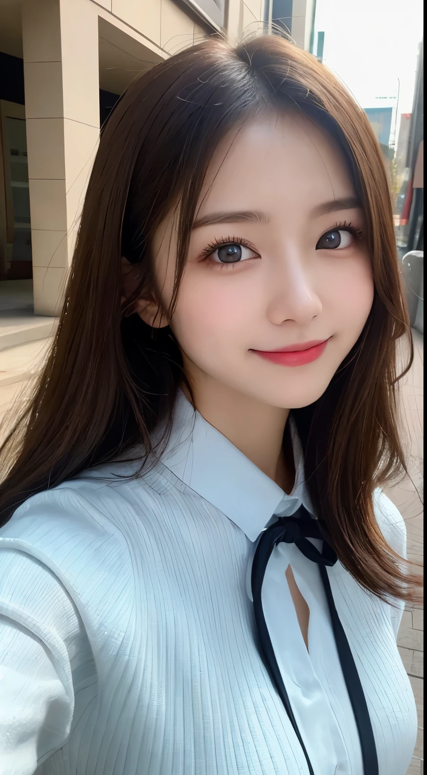 table top, highest quality, shape, Super detailed, finely, High resolution, 8k wallpaper, 完璧なダイナミックな構shape, beautiful and detailed eyes, small breasts, natural color lip, ランダムなsexy pose,smile,20 year old girl、Beautiful and dense face、perfect and beautiful face,Big eyes、real photos(best image quality),cute face、cute、long sleeve blouse、pleated skirt、secretary、blur the background、sexy pose、Shoot the subject from below、smile、Photographing the sky