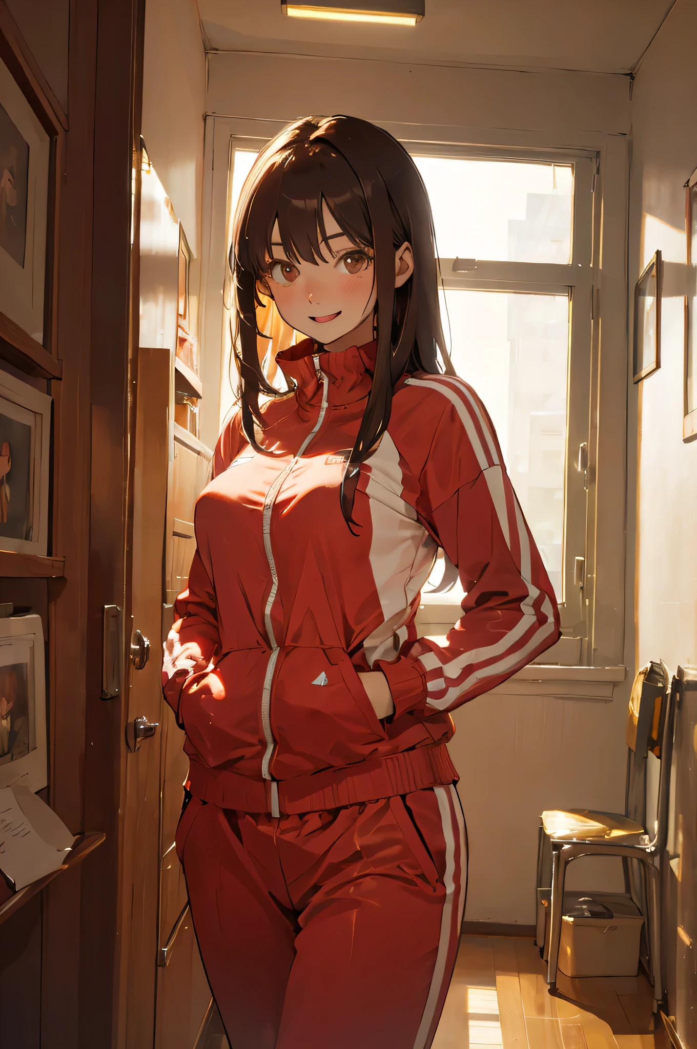 masterpiece, best quality, (Attractive woman), 28 years old, medium length hair, straight hair, bangs, model, large breasts, brown eyes, happy, tracksuit, her room