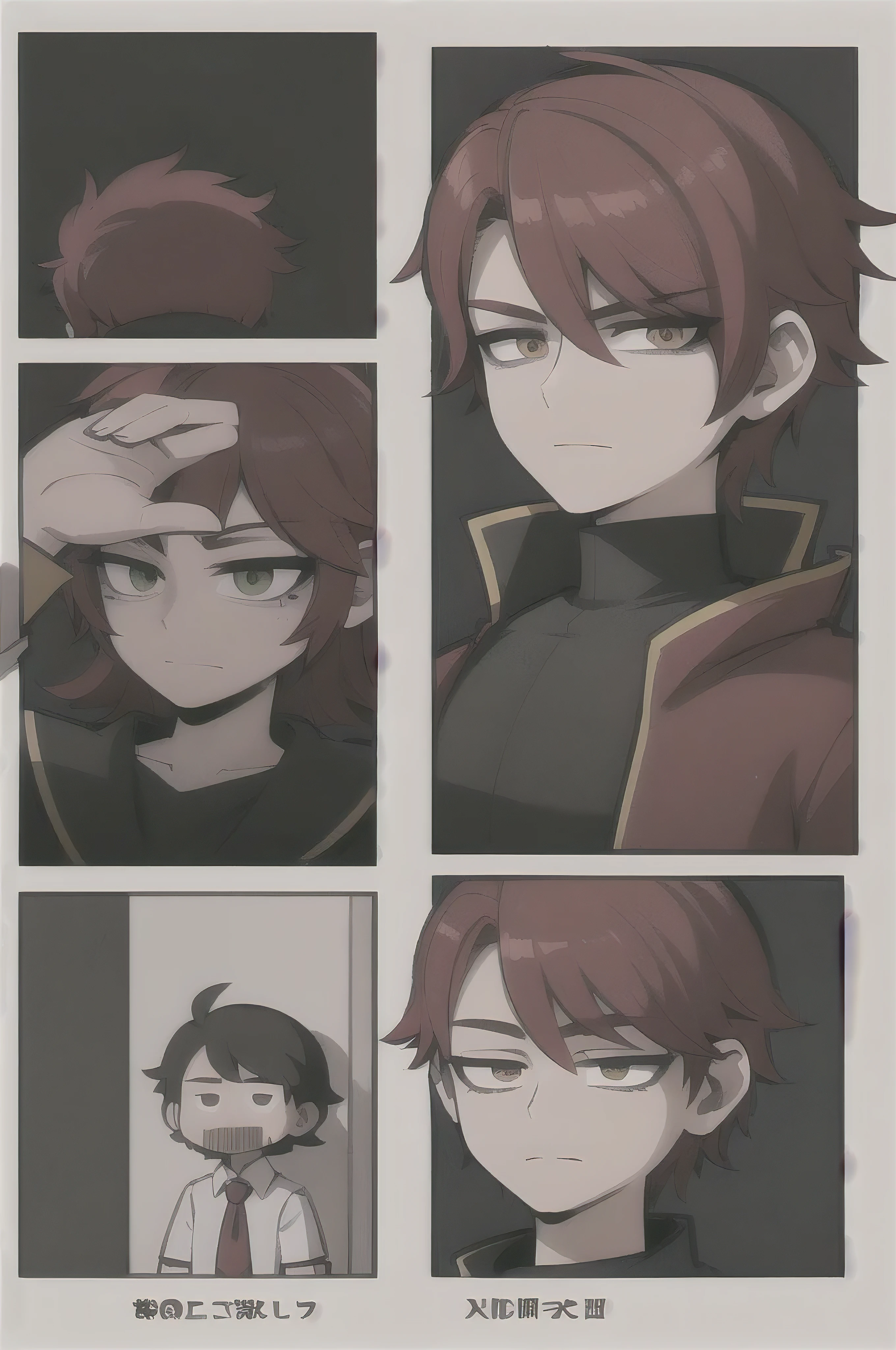 anime character with red hair and glasses in a series of four photos, Also, beautiful androgynous pAlsoce, Arte Zerochan, sorriso malicioso, cunning expression, apertando os olhos, como personagem de anime, delicate androgynous pAlsoce, slightly happy facial expression, handsome guy in demon slayer art, fanart detalhada, maAlso kitagawa fanart, jovem anime