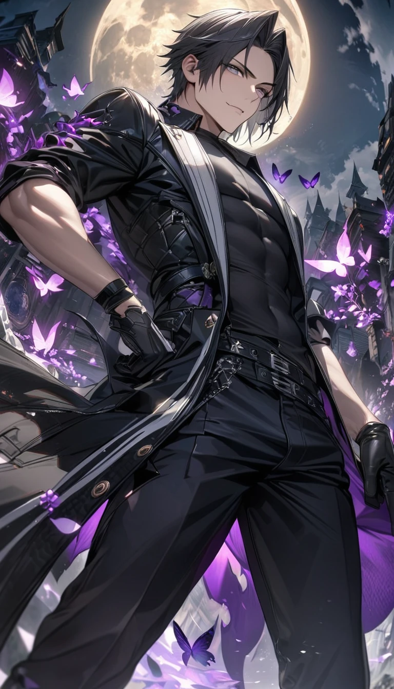 (absurdres, highres, ultra detailed, HDR), master piece, best quality, vibrant small grey eyes, 1man, handsome, Hugo Pennywort, God Eater 3, black hair with grey highlights, no bangs, black leather coat, tight black T-shirt, black fitting pants, black gloves, purple butterflies, purple flames, moon