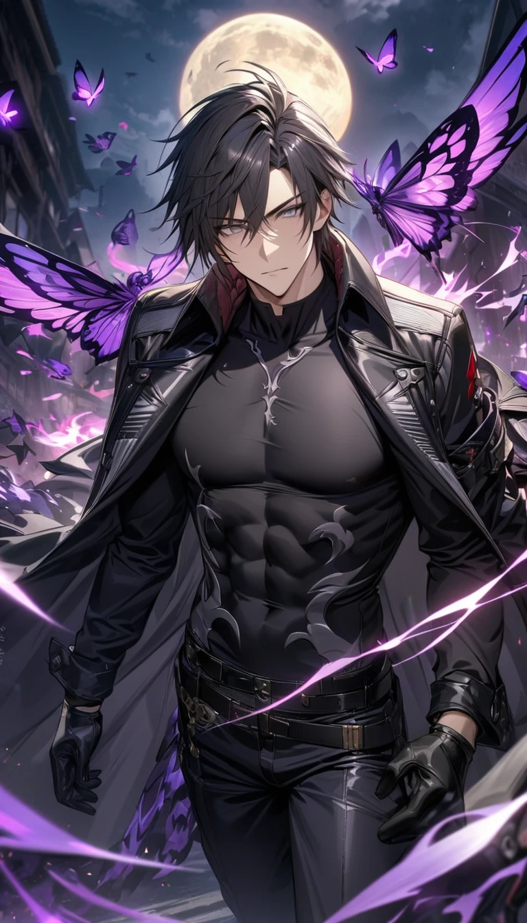 (absurdres, highres, ultra detailed, HDR), master piece, best quality, vibrant small grey eyes, 1man, handsome, Hugo Pennywort, God Eater 3, black hair with grey highlights, no bangs, black leather coat, tight black T-shirt, black fitting pants, black gloves, purple butterflies, purple flames, moon