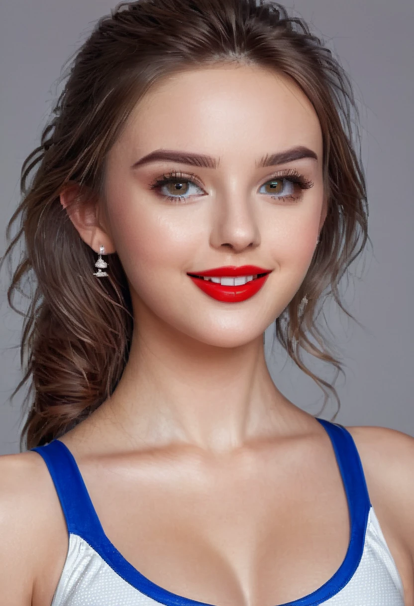 32k-uhd, IMAGE Girl, Best Quality, Full Body Portrait, Delicate Face, Beautiful Face, Silver-Eyes: 1.2, Good Teeth: 1.2, Perfect Smile: 1.2, Makeup: 1.2, Red Lips: 1.1, 19 Years Old Woman, Slim Body, Medium Bust, VOLLEYBALL