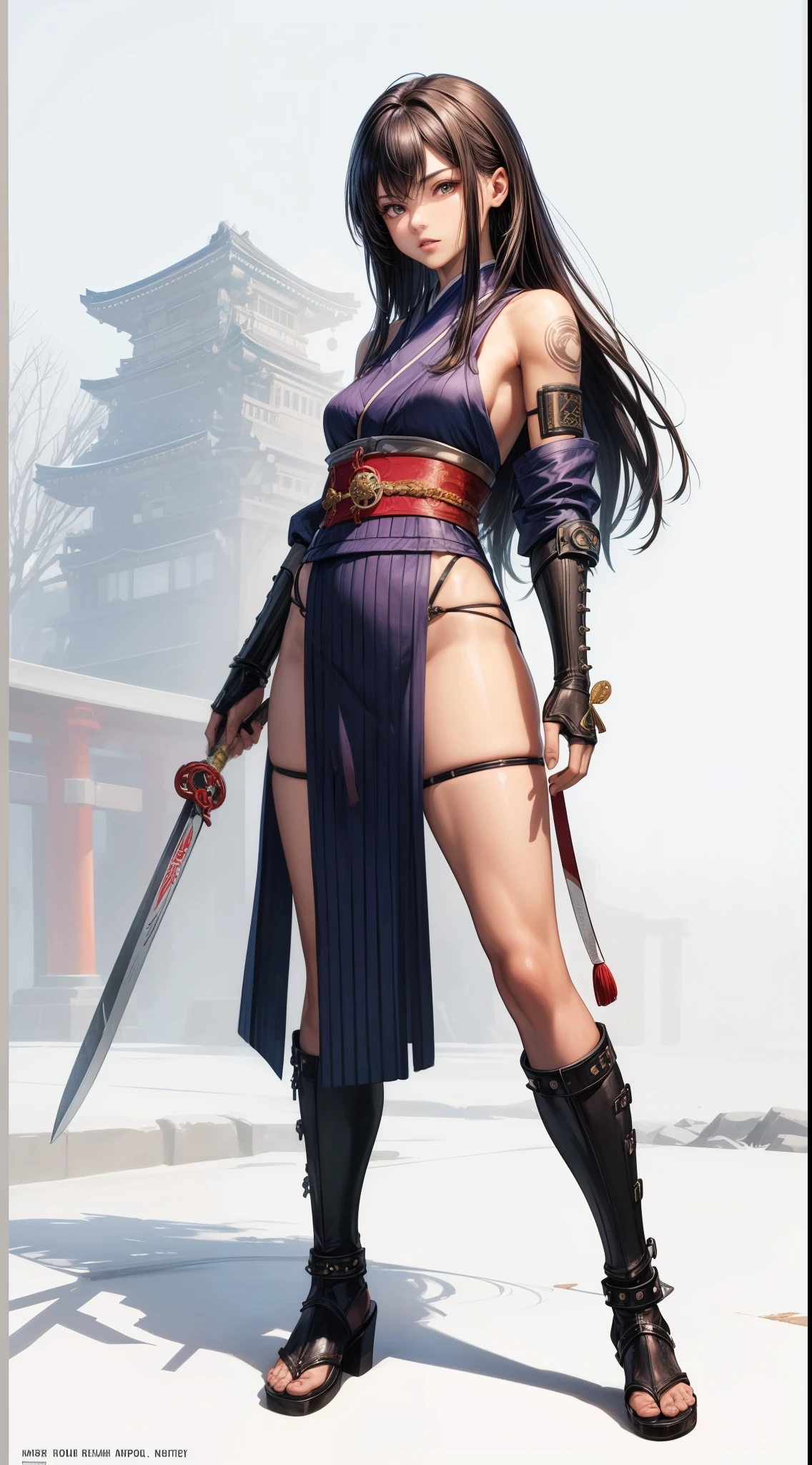(((woman))), (((best quality person))), (((master piece))), (((As an adult))), ((( Japanese ))), look up from your knees, A beautiful asian samurai woman with perfect body, Modern samurai, ((( Asian))), Wear gloves on your hands,The left arm is made of steel and a metal protector tip, Eyes are pulled, (( Appear under the chest )), (( small dental floss )), Simon Bisley, almost naked(Simon Bisley)Castle City Wilderness,For high resolution posters, hair straight, minimum clothing, armor (crazy clothes ), full of chips and rivets, tribal tattoo, (((full body esbian))), straight brunette hair,colored hair ends