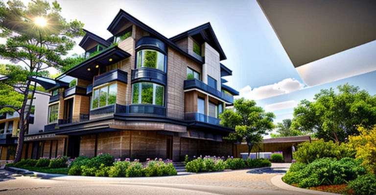 (masterpiece),(high quality), best quality, real,(realistic), super detailed, (full detail),(4k),8k,modern house exterior design,Modern architecture,Beautiful_sky,Day light, no_humans, outdoors,sky,tree,Garden flower front of building,