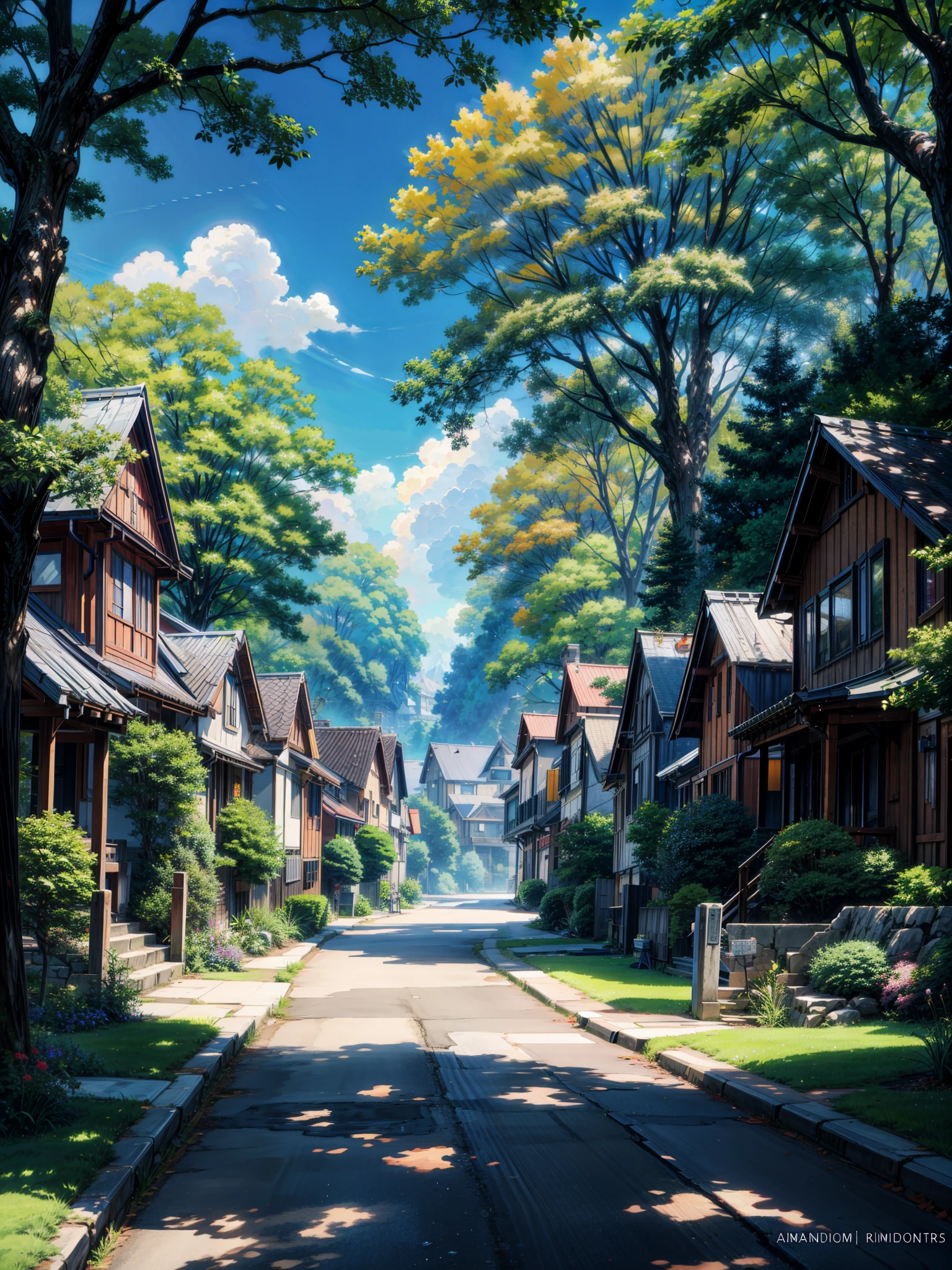 a street lined with lots of houses and trees, anime scenery, anime nature wallpap, anime. by makoto shinkai, anime landscape, anime nature, anime landscape wallpaper, anime beautiful peace scene, anime movie background, summer street, by Makoto Shinkai, by makoto shinkai, anime background art, peaceful suburban scene, studio ghibli environment, 4k hd,, beautiful art uhd 4 k, a beautiful artwork illustration, beautiful digital painting, highly detailed digital painting, beautiful digital artwork, detailed painting 4 k, very detailed digital painting, rich picturesque colors, gorgeous digital painting