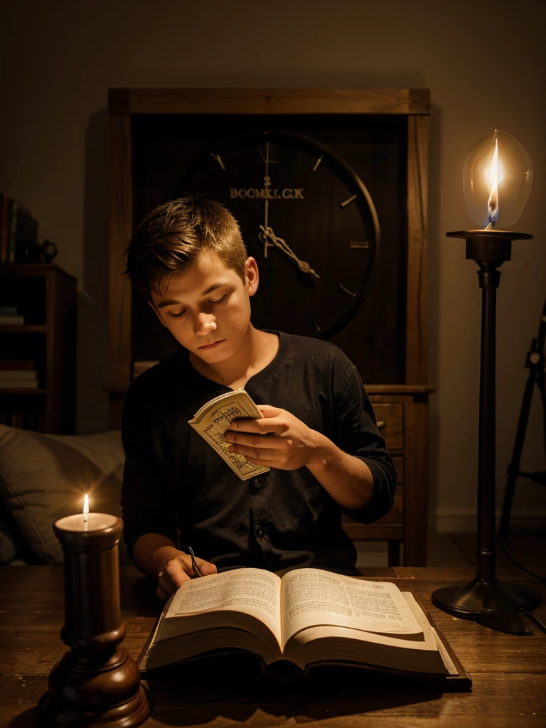 Candle light a boy sitting reading a book very serious and thoughtful in the studio next to a big beautiful wooden clock