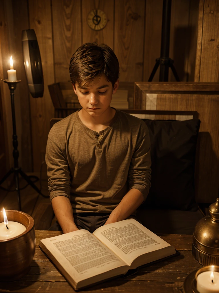 Candle light a boy sitting reading a book very serious and thoughtful in the studio next to a big beautiful wooden clock