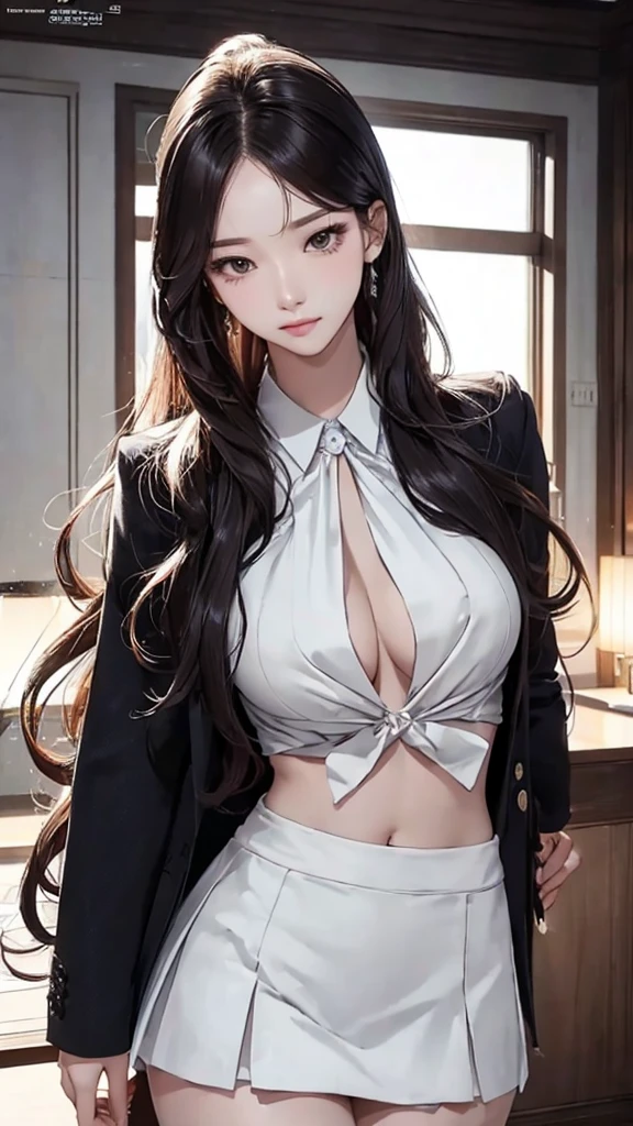 masterpiece, best quality,(realistic:1.4), long hair, hairstyle with waves,sexy, realistic 피부질감, realistic 피부, slim, NSFW,Clear face, perfect face,suit,mini skirt
