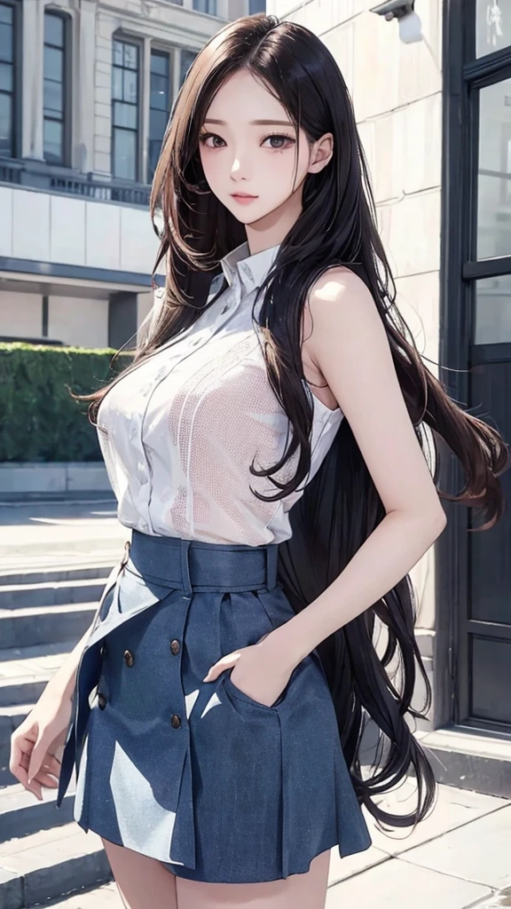 masterpiece, best quality,(realistic:1.4), long hair, hairstyle with waves,sexy, realistic 피부질감, realistic 피부, slim, NSFW,Clear face, perfect face,suit,mini skirt