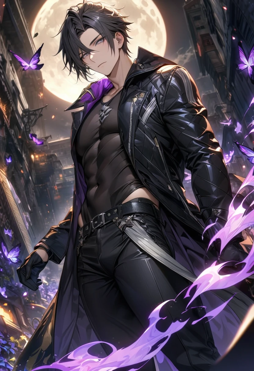 (absurdres, highres, ultra detailed, HDR), master piece, best quality, vibrant small grey eyes, 1man, handsome, Hugo Pennywort, God Eater 3, black hair with grey highlights, no bangs, black leather coat, tight black T-shirt, black fitting pants, black gloves, purple butterflies, purple flames, moon
