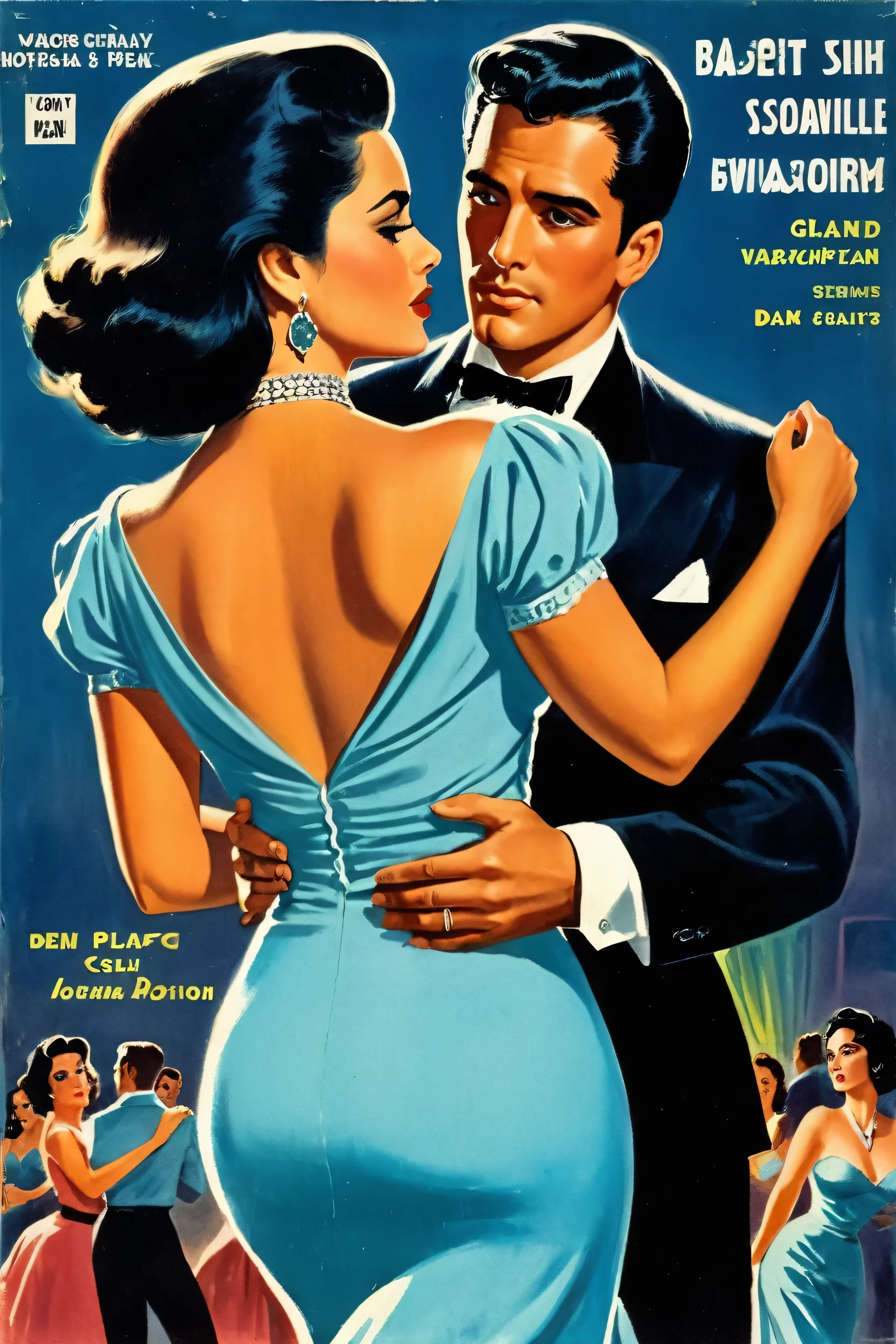 a grainy cover of a book called 'BACHATA' (Filmotype Quarry fonts) with a sultry dark-haired woman in a short baby blue dress and handsome gentleman holding each other dancing Bachata, a portrait by Robert Peak, cg society contest winner, new objectivity, 1 9 5 0 s thriller, dark vintage paperback cover, pulp scifi book cover art, glen orbik, Famous Mexican Actress Selma Hayek in a horror novel, 5 0 s pulp illustration, zoom out