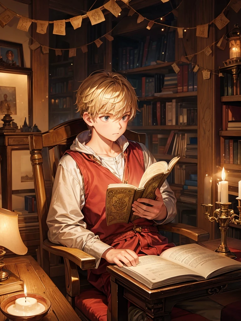 Candle light a boy sitting reading a book very serious and thoughtful in the studio next to a big beautiful wooden clock