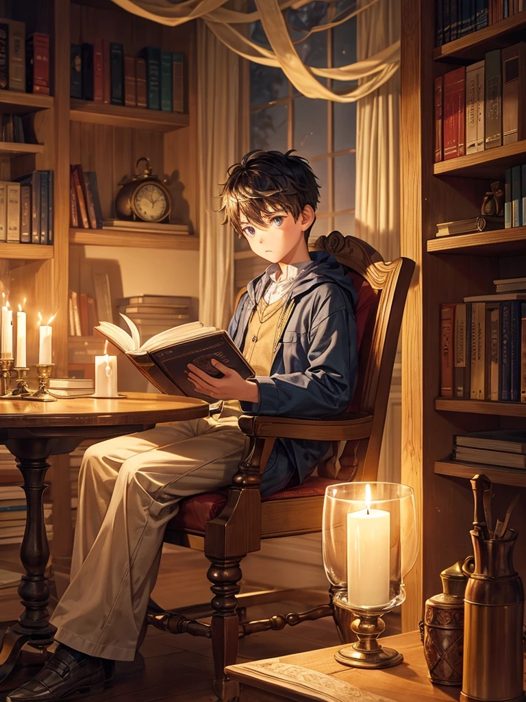 Candle light a boy sitting reading a book very serious and thoughtful in the studio next to a big beautiful wooden clock