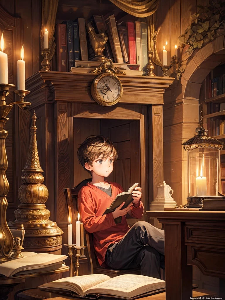 Candle light a boy sitting reading a book very serious and thoughtful in the studio next to a big beautiful wooden clock