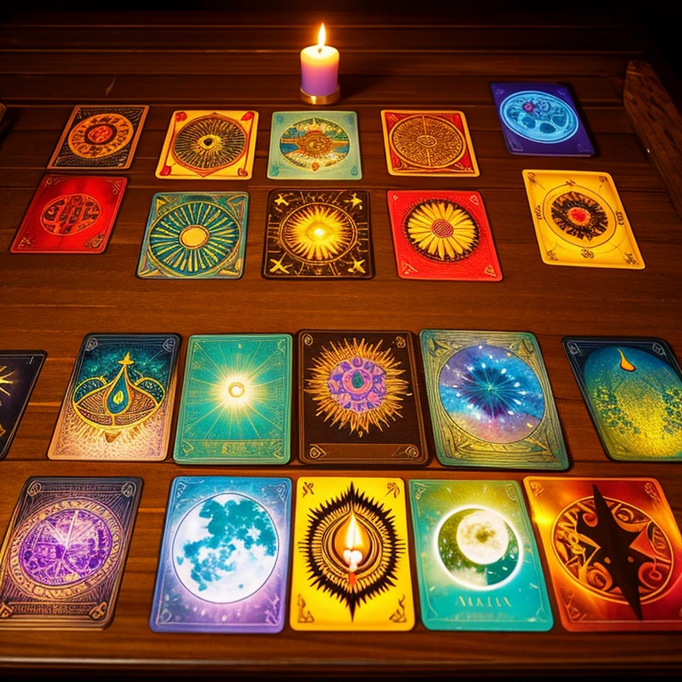 Create an artistic representation of an open pack of tarot cards, each card displaying vibrant and mystical designs. The pack is laid out on an old, weathered wooden table, softly illuminated by the warm glow of a nearby candle. Some cards are fanned out, revealing intricate illustrations of symbols like the sun, moon, stars, and mystical creatures. Shadows dance across the textured surface of the table, adding depth to the scene. The background suggests a dimly lit room, filled with the mysterious ambiance of a fortune-teller's sanctuary.
