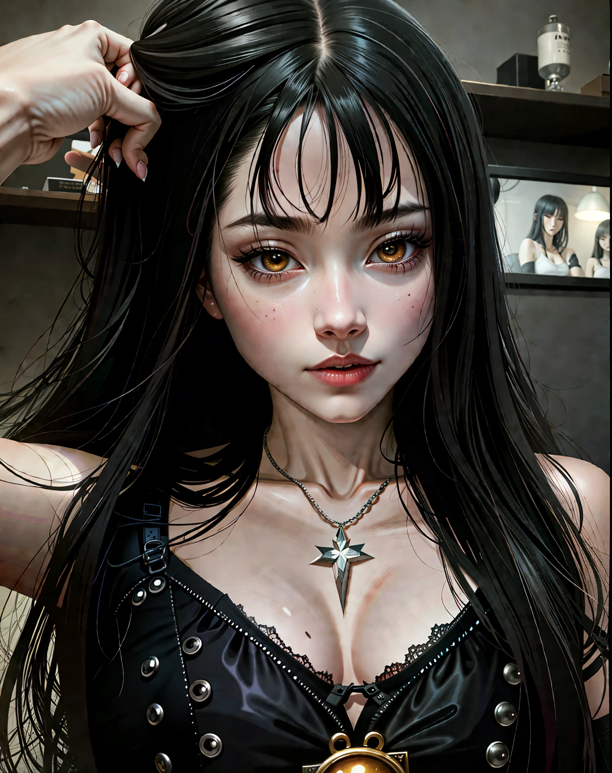 hay una mujer con cabello largo y negro que lleva un top negro, con pelo largo y ojos penetrantes, cruel korean gothic girl, ig model | germen de arte, retrato seductor de tifa lockhart, chica anime en la vida real, chica anime seductora, diosa japonesa, 1 7 year old anime gothic girl, obra de arte al estilo de guweiz